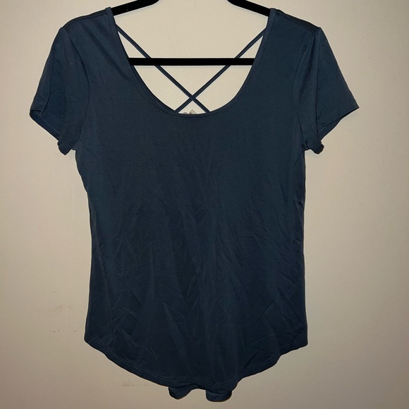 Blue Short Sleeve Top with Cross in Back - Picture 1 of 3